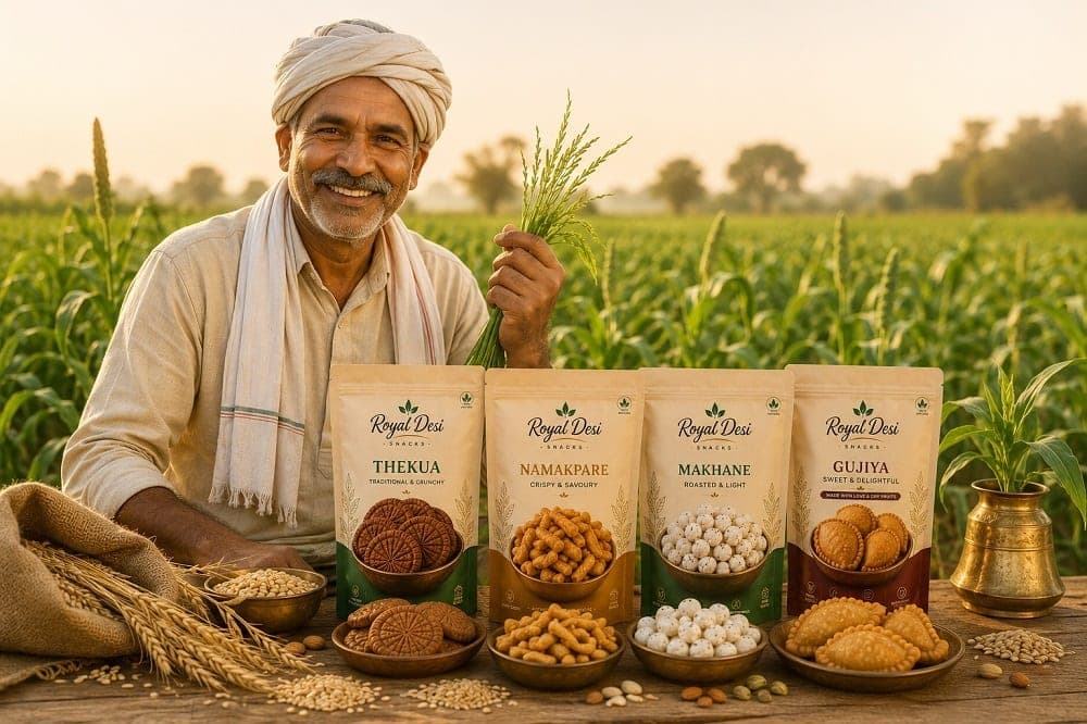 A smiling farmer in a turban seated in his field at golden hour behind all four Royal Desi packs, holding a freshly cut bunch of crop
