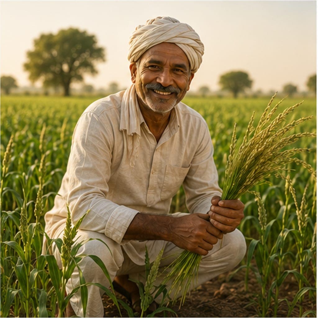 One of our growers crouching among young crop stalks at sunrise, holding a freshly cut bunch