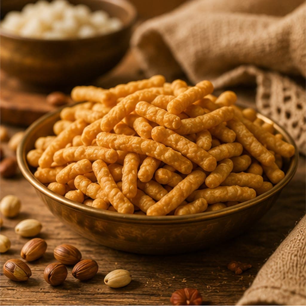 Golden Namakpare piled in a brass bowl beside scattered whole spices